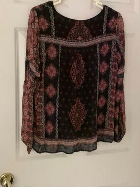 Lucky Brand Black and Burgundy Printed Long-Sleeve Blouse